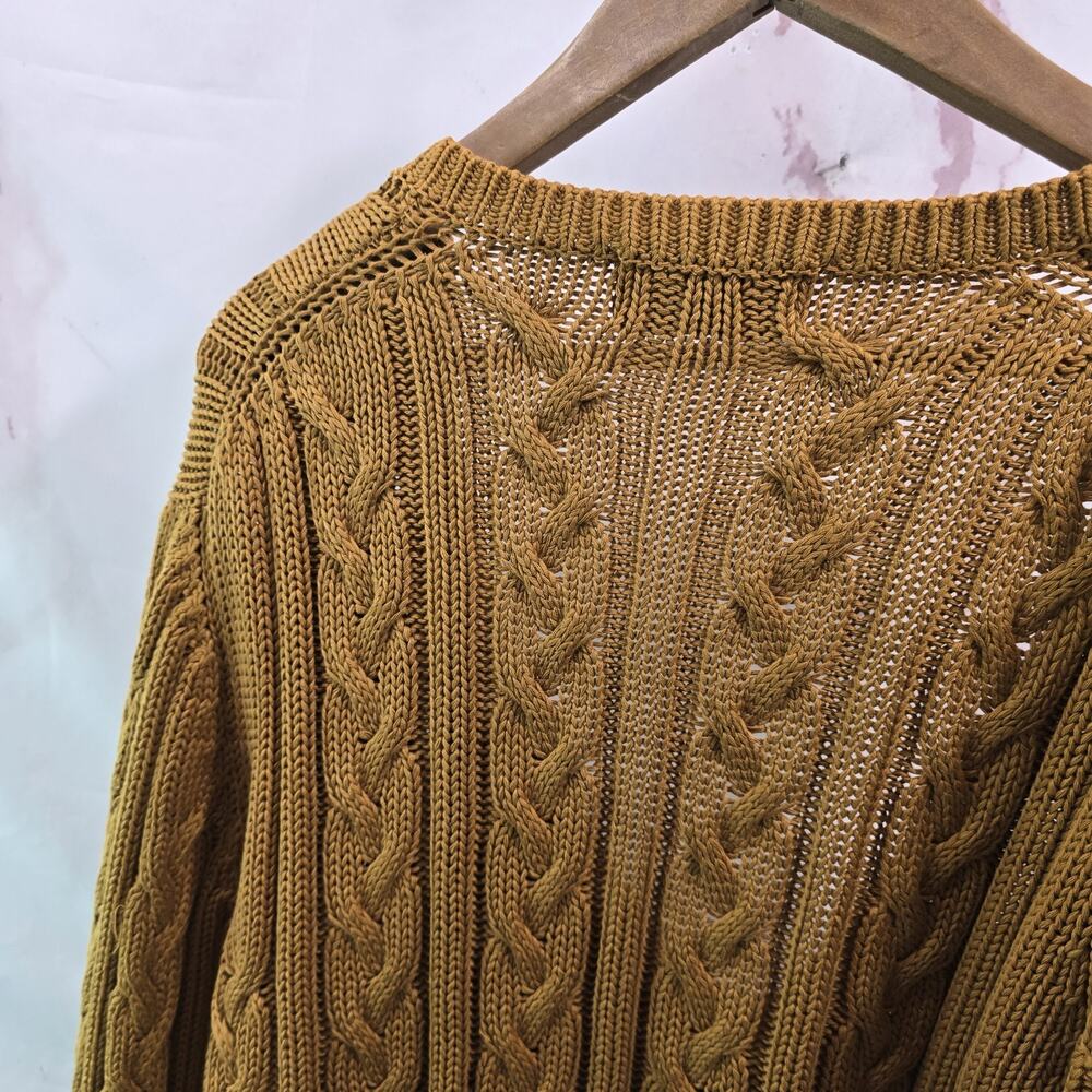 Vintage Eddie Bauer Sweater Womens XL Mustard V Neck 90s Cable Knit Fisherman - Picture 6 of 10